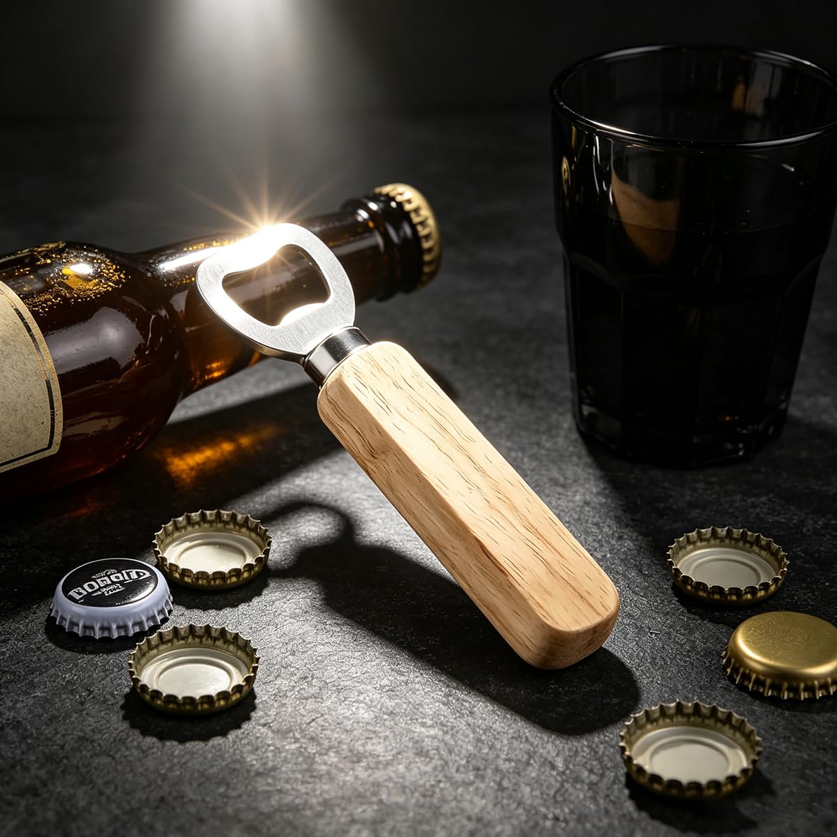 1pc Stainless Steel Bottle Opener with Wooden Handle for Home Bar | Stainless steel bottle opener with wooden handle for kitchens, parties, bars, and drink stations