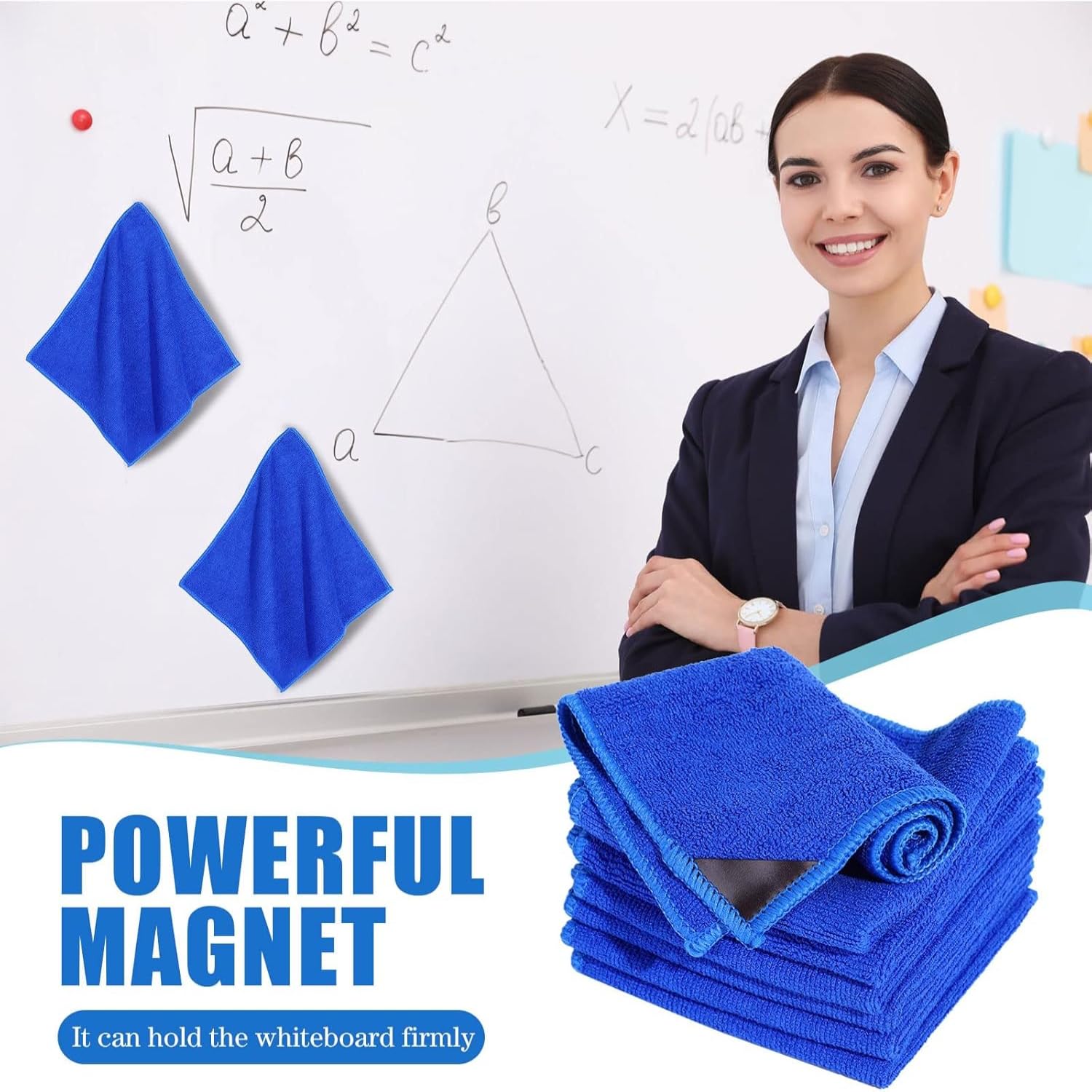 Nuenen 24 Paños de Limpieza Magnéticos Borrador de Borrado en Seco de Microfibra Borrador de Pizarra Blanca Magnética Borradores en Seco Lavables Reutilizables para Oficina Aula, 25 x 25 cm, Azul