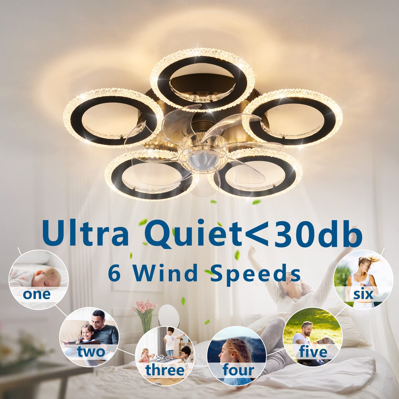 Dalouguan Ceiling Fan with Lights Remote Control, 20" Personality Geometric Ceiling Fan with Light, 6 Speeds 3 Light Color Low Profile Ceiling Fan for Kitchen Bedroom Living Room