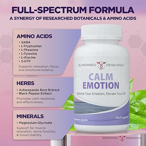 Miniatura 3 de Supermed Research Suplemento de apoyo del estado de ánimo con GABA, Ashwagandha, L-teanina, L-tirosina, L-glicina, 5-HTP y magnesio - Apoya la