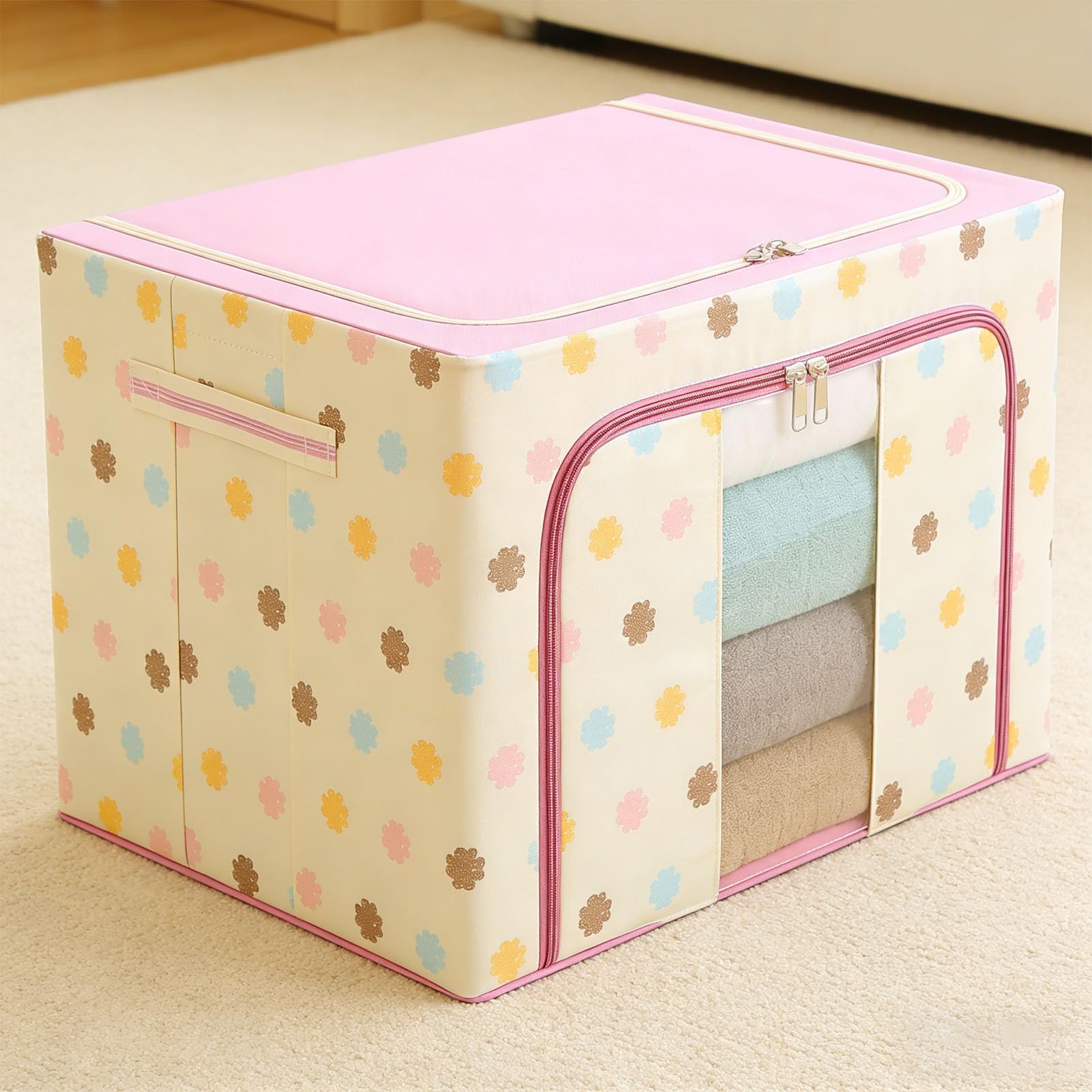 Cestino Portaoggetti Pieghevole per Abiti, Scatola Portaoggetti per Armadio in Tessuto con Finestra Trasparente, Aperture con Cerniera Anteriore e Superiore, Coperto 50x40x33 Cm per (PINK)
