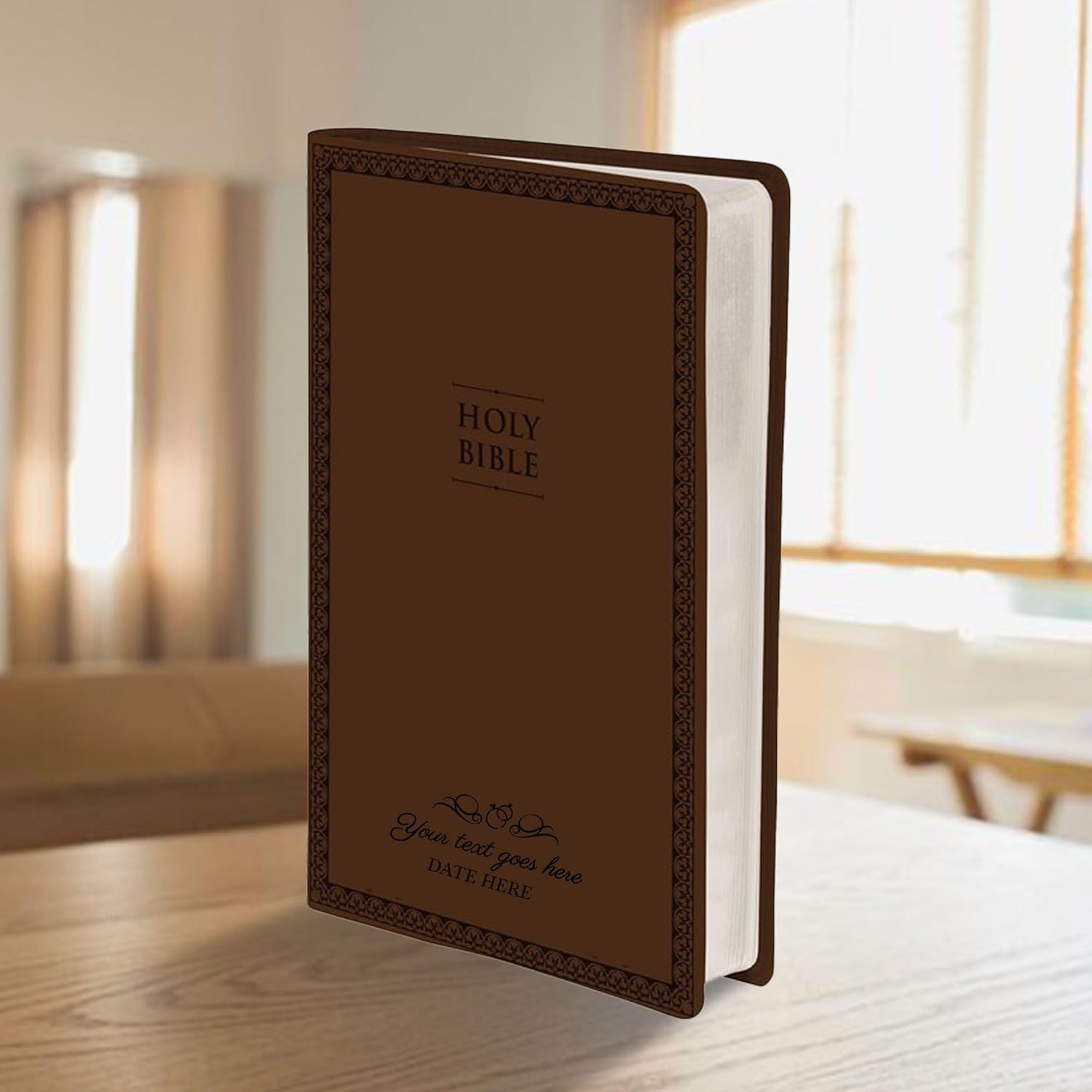 Personalized NIV Thinline Holy Bible for Wedding Ceremony Christian Faith Vows Gift, Name, Date, Bible Verse | Groom And Bride Bible with Up to 3 Rows of Custom Text on Faux Leather soft cover (Brown)