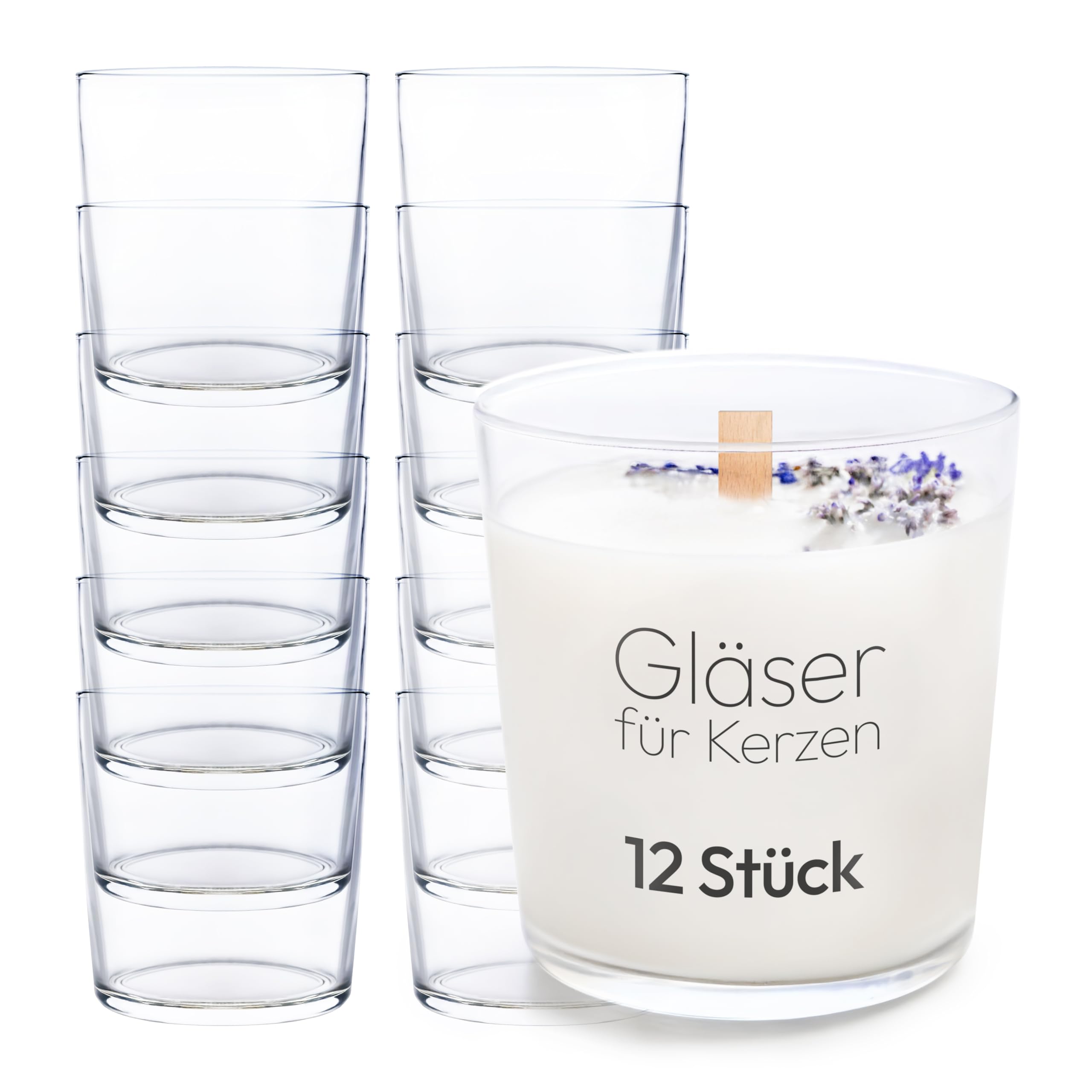 KONZEPT Kerzengläser 300ml, 9x8cm - 12 er Gläser für Kerzen, Dekoratives Windlicht Glas DIY