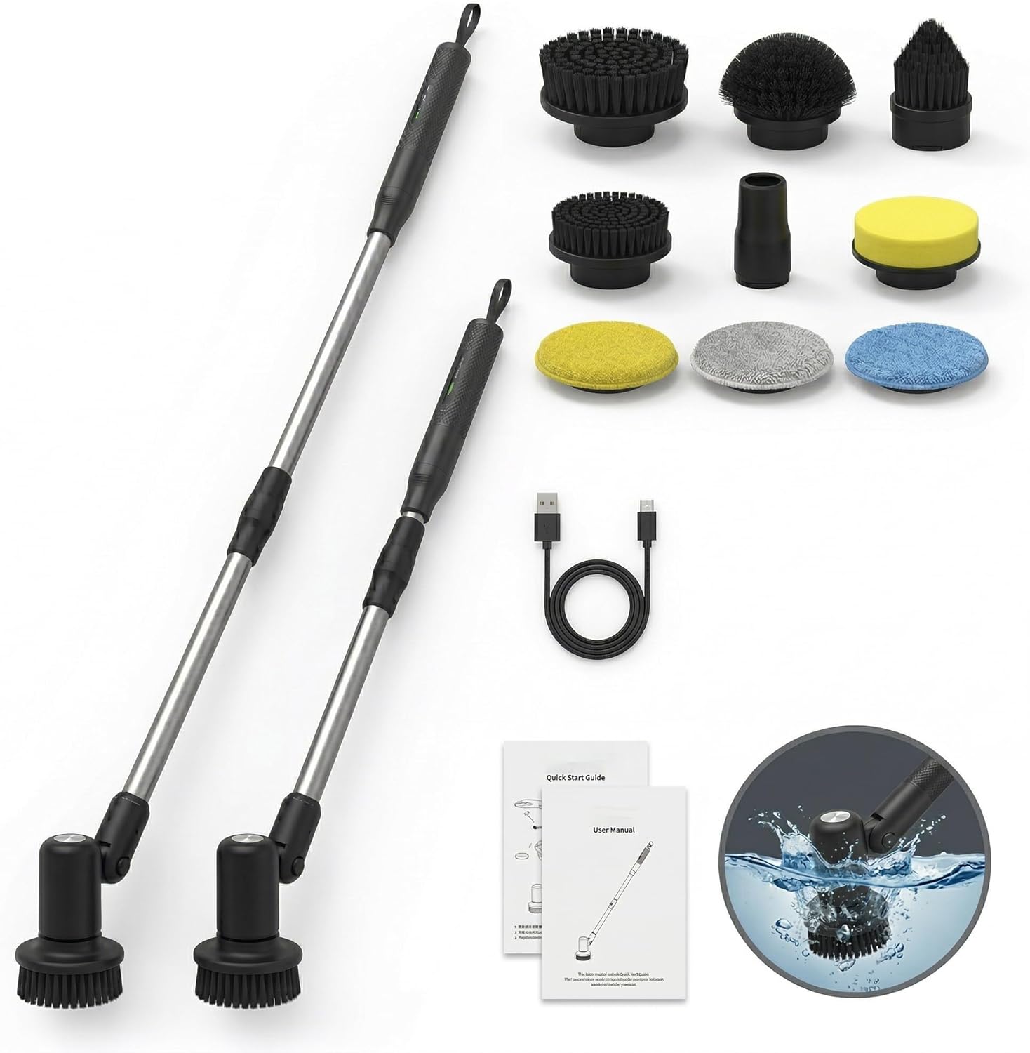 Cordless Electric Spin Scrubber - Adjustable Angle & Extendable Handle, Smart Display, IPX7 Waterproof, Powerful Cleaner with 8 Replaceable Brush Heads for Bathroom, Tile, Bathtub (Black, Short)