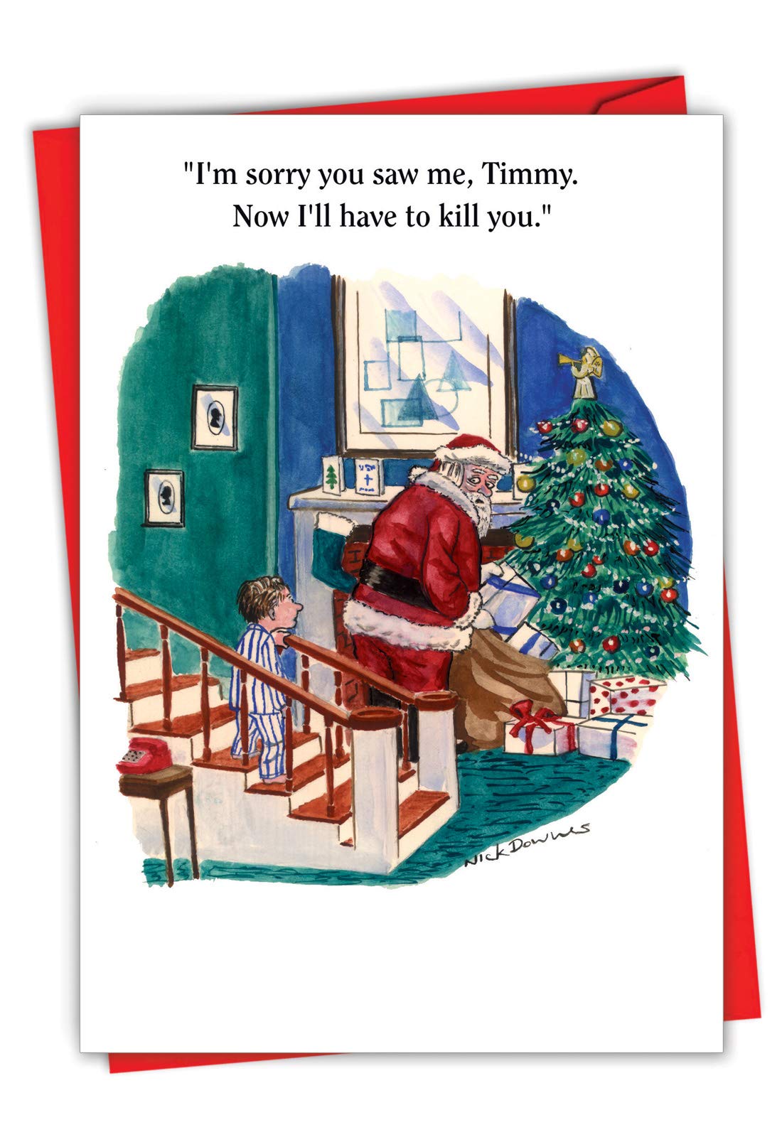 I'm Sorry Timmy - Funny Season's Greetings Card with Envelope (4.63 x 6.75 Inch) - Boy Catches Santa Claus, Adult Humor Merry Christmas Note Card for Men, Husband, Brother - Xmas Notecard 1603