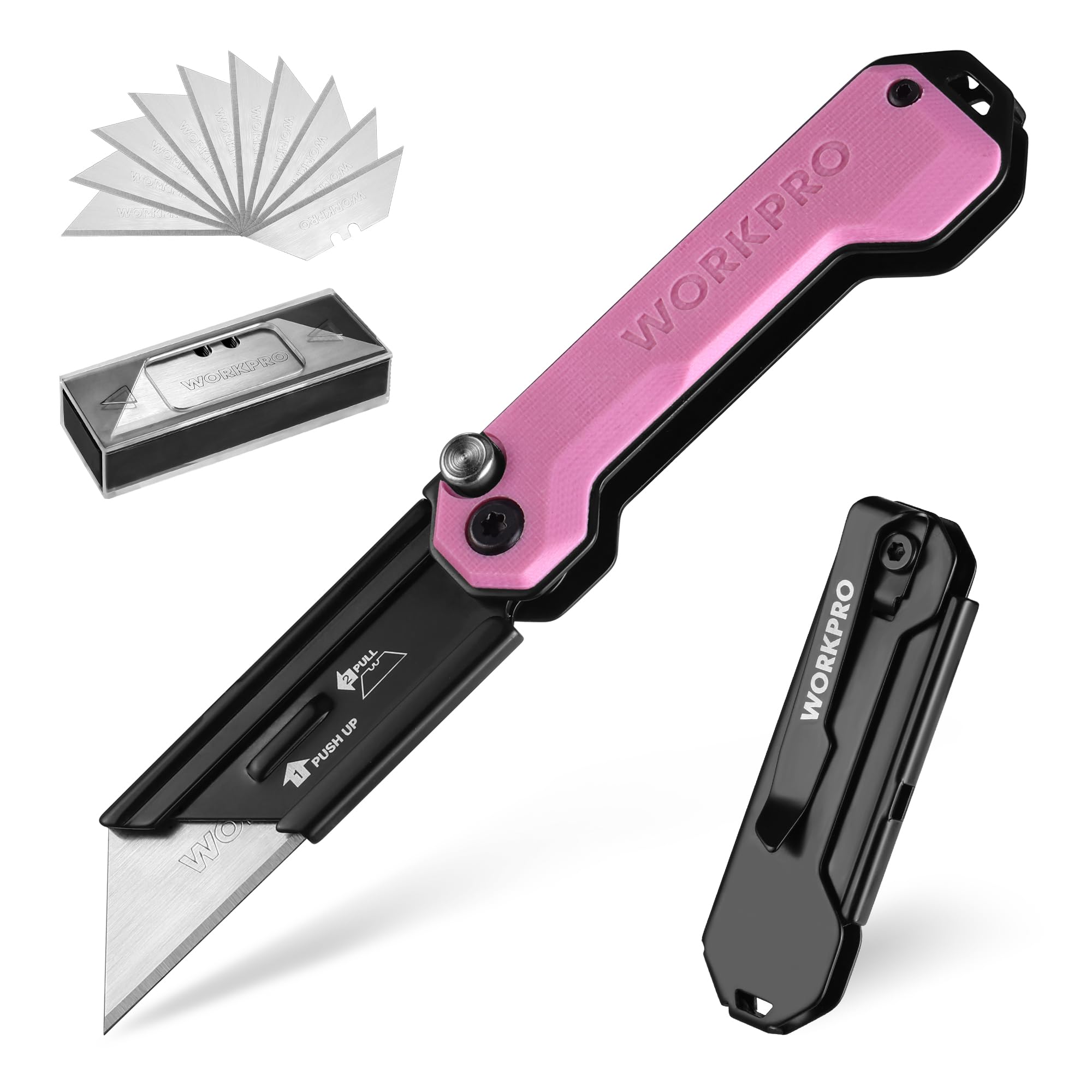 WORKPRO Folding Utility Knife with 10 SK5 Blades, Box Cutter with Belt Clip