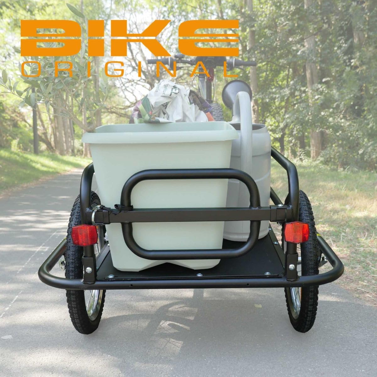 BIKE ORIGINAL - Remorque Vélo en Acier - Remorque Marchandises 60L - Structure Solide en Acier Noir - Compatible Vélos 26" à 28" - Roues Pneumatiques 16" - Barre d'Attelage Réversible - Pliable