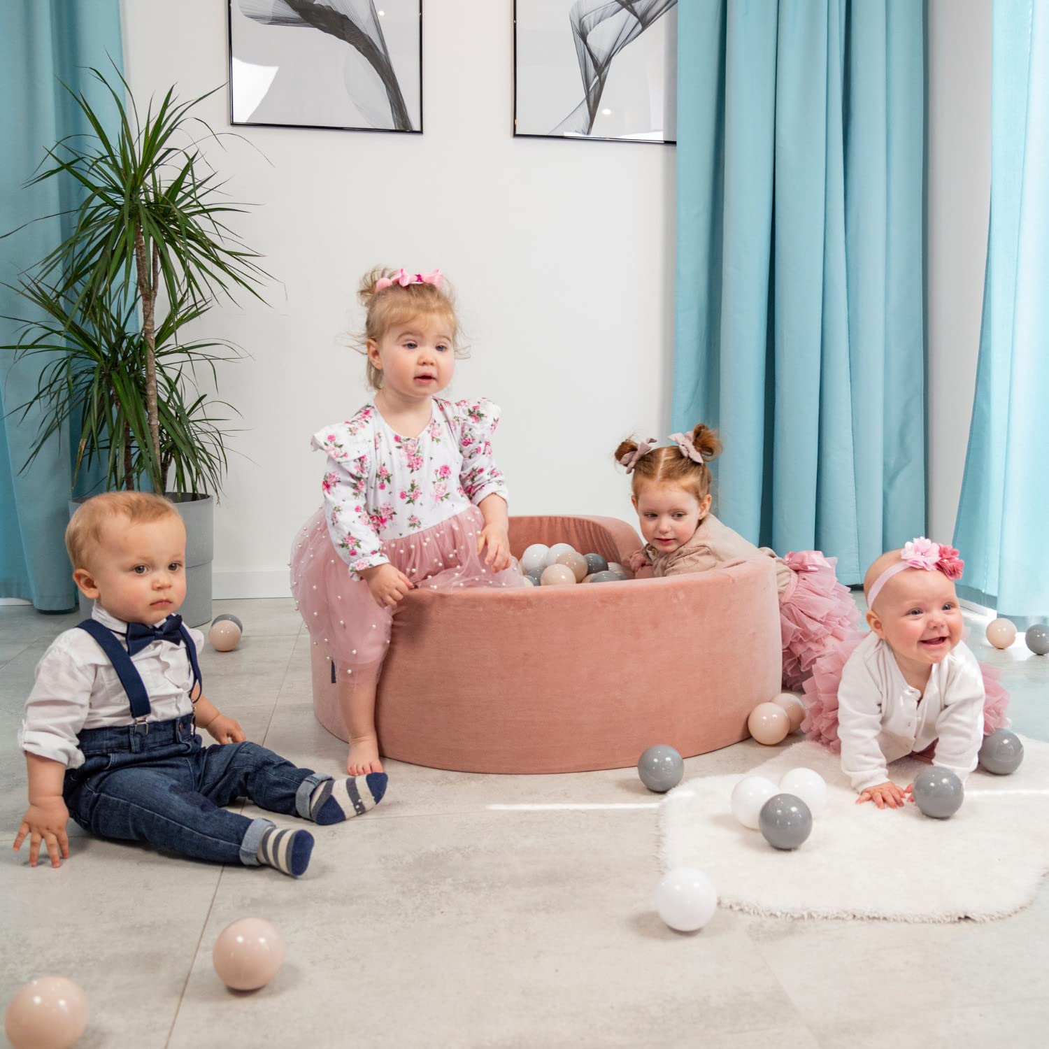 KiddyMoon Piscine À Balles pour Bébé Velours Rond 90X30cm/200 Balles 7Cm Fosses À Boules Jouet Enfant, Rose des Sables: Beige Pastel/Blanc/Perle