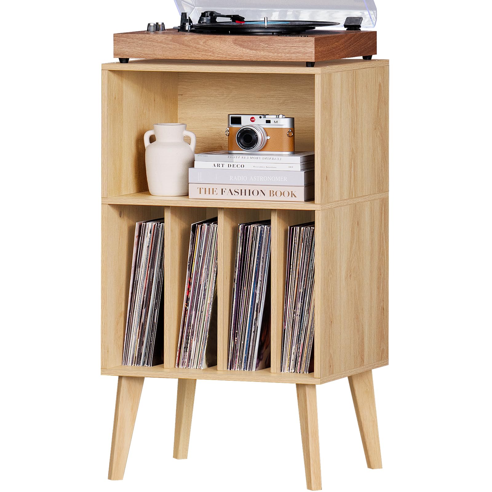LELELINKY Support pour Tourne-Disque, Peut contenir jusqu'à 160 Albums, Support de Rangement en Vinyle Mid-Century avec Pieds en Bois, étagère pour Tourne-Disque, Table d'appoint Naturelle