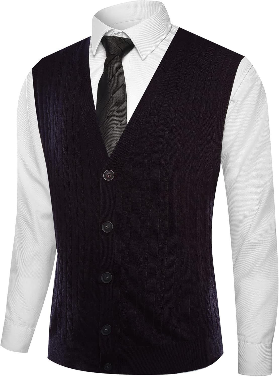 Kallspin Men's Cable Knit Sweater Vest Wool Blend V Neck Button Down Sleeveless Cardigan Vest - Image 5