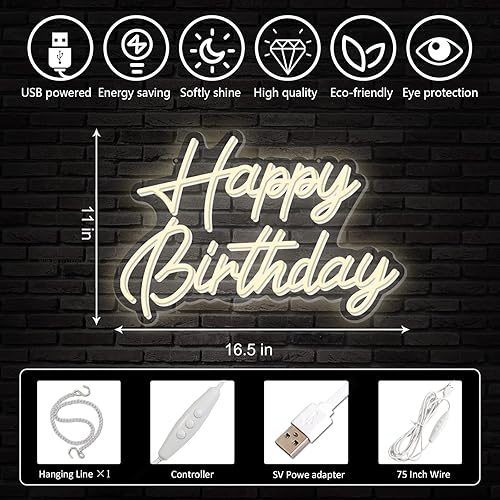 Miniatura 6 de Letrero de neón de feliz cumpleaños, reutilizable, luz LED de neón blanca cálida, decoración de fiesta de cumpleaños, funciona con USB, decorativo