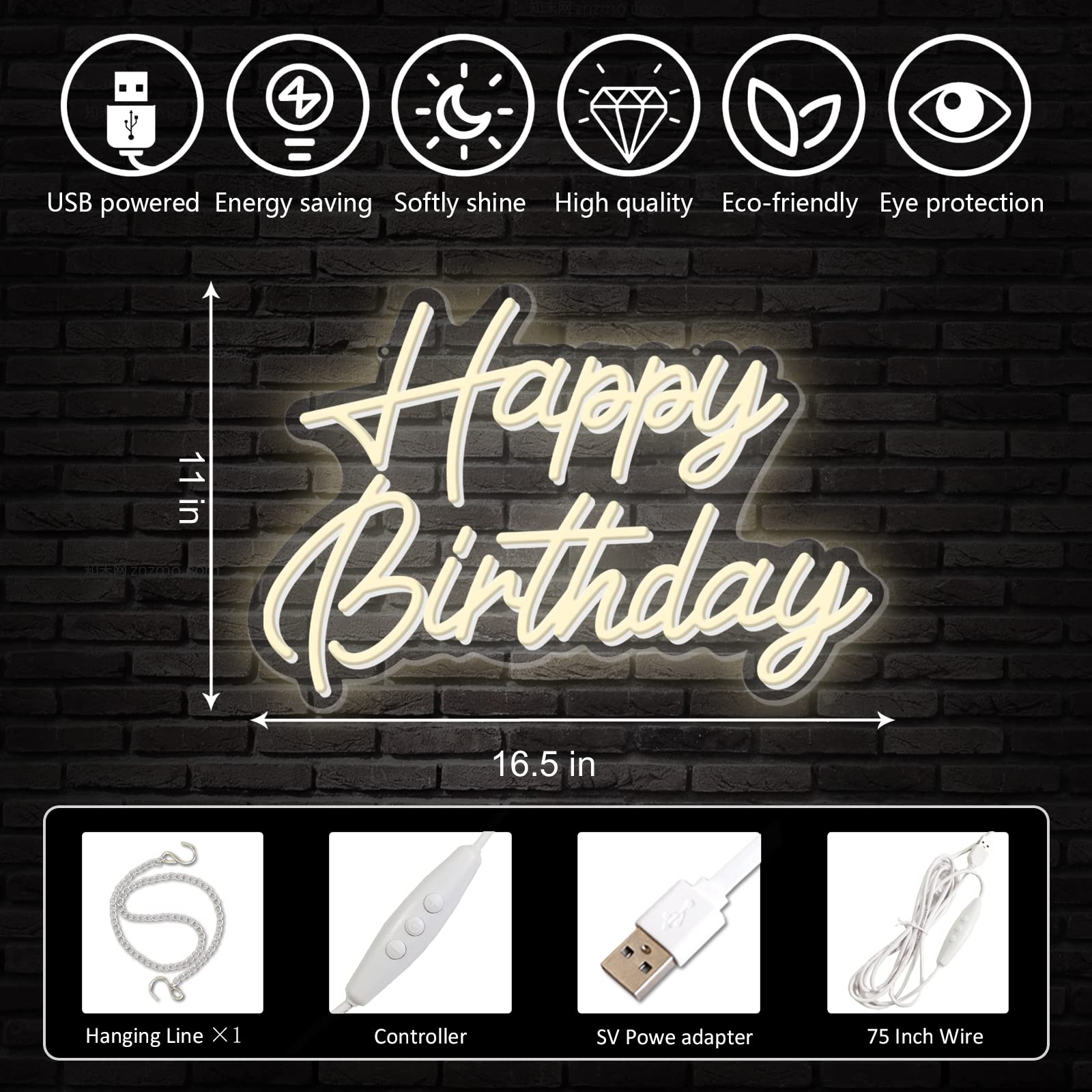Feliz cumpleaños Señal de neón reutilizable cálido blanco led luz nocturna de neón Decoraciones de la fiesta de cumpleaños USB operado decorativo para la decoración de la pared de fondo 5v, 16.5""*11"