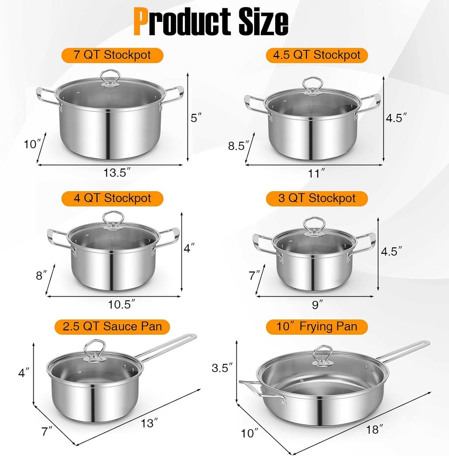 COSTWAY 12 Piece Stainless Steel Cookware Set, Pots and Pans Set with Stock Pot, Frying Pans, Saucepan, 6 Glass Lids, Induction Compatible, Kitchen Cookware Sets for Home, Silver (12 Piece)
