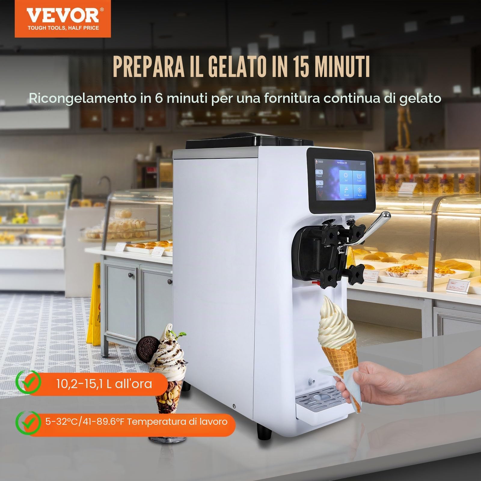 VEVOR Macchina per Gelato Commerciale, Produzione 10 L/H, Macchina per Gelato Soft da Banco Monogusto 900 W, Tramoggia 4 Litri, Cilindro 1,6 Litri, per Snack Bar Ristorante