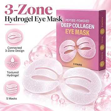 Collagen Eye Mask With Peptides, 3-Zone Hydrogel Eye Patches, 10 Pieces