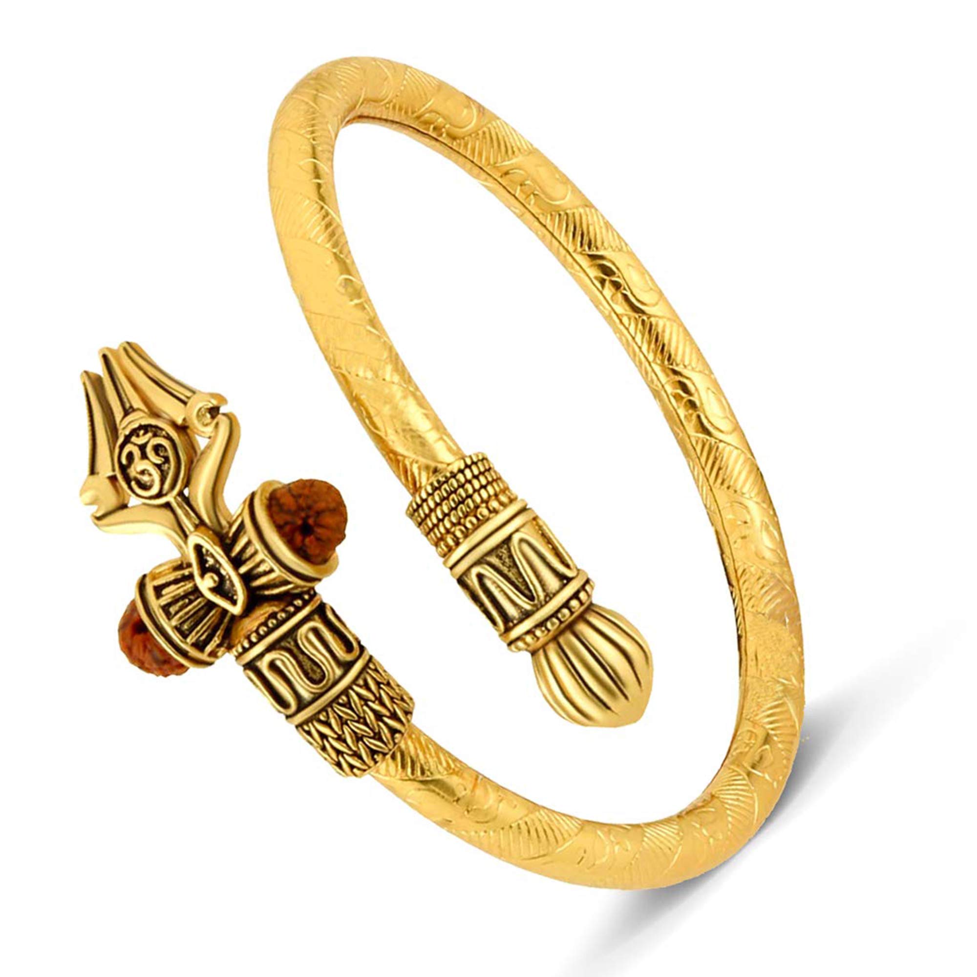 Rudraksha Shiv Om Trishul Damroo Kada for men, Lord Shiva Bahubali Cuff Bracelet for men, boys | Religious Brass Kada | Free size Bracelet For Maha Shivratri