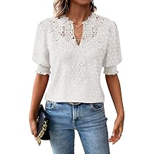 Falechay Womens Tops Swiss Dot Boho Short Sleeve Shirts V Neck Casual Chiffon Blouses Flowy Lace Cute Clothing Trendy 2026