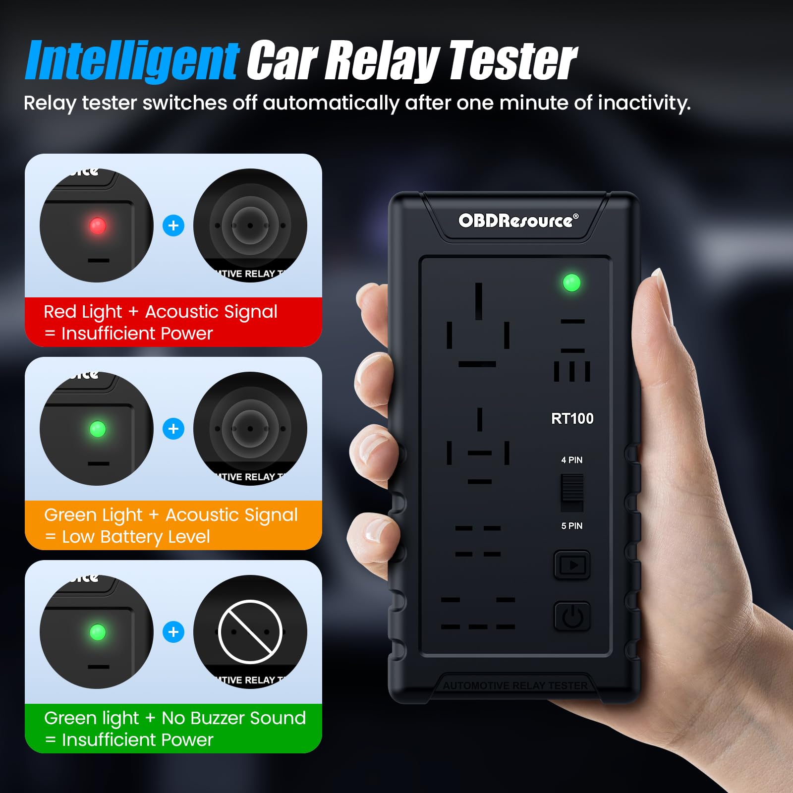 OBDResource 12 V/24 V Relè tester wireless, 4 pin/5 pin, strumento diagnostico per 10 relè in 5 diverse posizioni del piede per auto