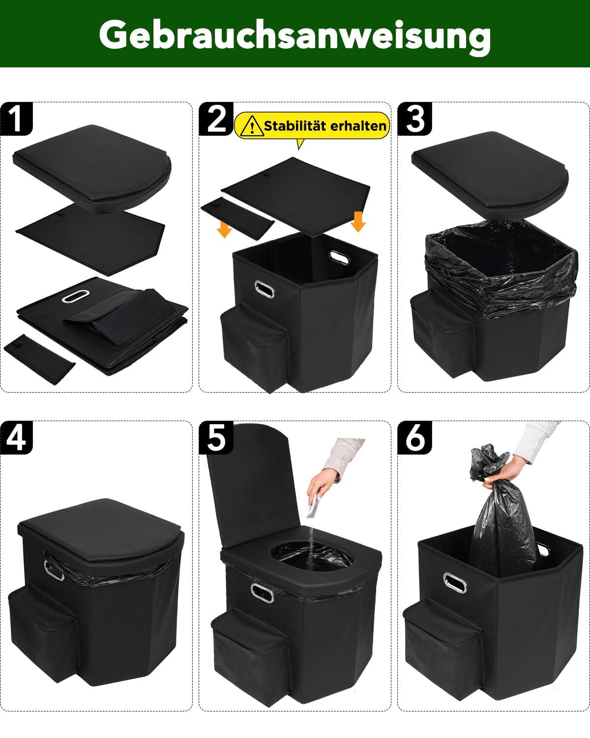 E EASTSTORM Faltbare Campingtoilette XXL mit Beutel & Seitentasche