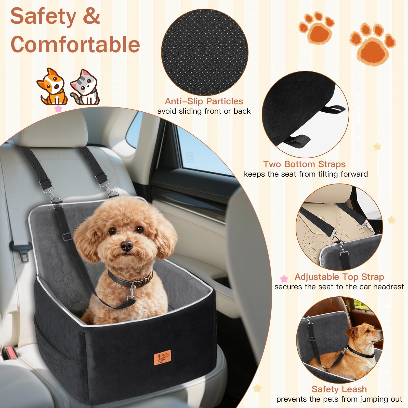 Asiento Perro Coche, Extra Estable Cama Perro Coche con Espuma Viscoelástica, Funda Lavable y Cinturón de Seguridad, Asiento Coche Perros para Medianos y Pequeños de hasta 13.6 kg, 52x52x50cm - 5