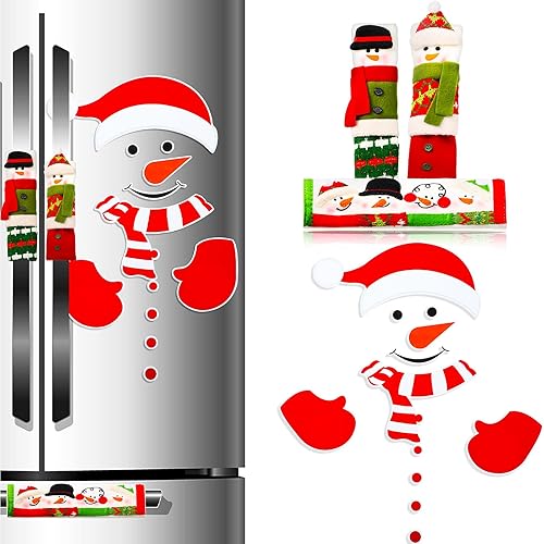 4 fundas navideñas para manijas de refrigerador e imanes de refrigerador de muñeco de nieve, cubiertas de manija de puerta de nevera, calcomanías