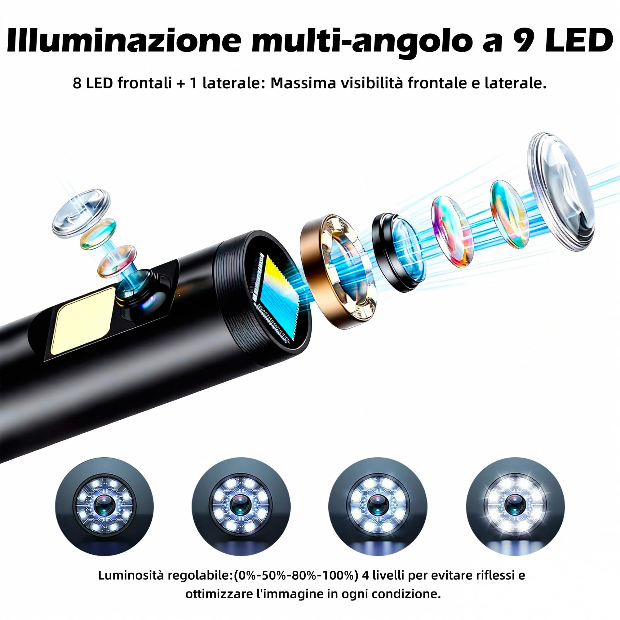 Telecamera endoscopica con luce, IP67, impermeabile endoscopio, 5", schermo IPS, telecamera di ispezione da 2 MP, fotocamera tubolare HD con 9 LED regolabili, cavo semirigido da 5M