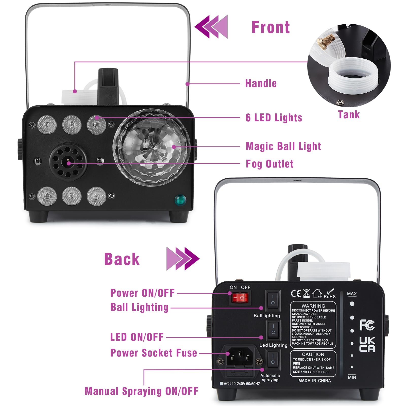 HAKUTA Machine à fumée avec boule disco lumineuse et lumières LED RGB, machine à fumée 2300 CFM Spray avec fonction Auto-Spray, idéal pour Halloween, Noël, mariages