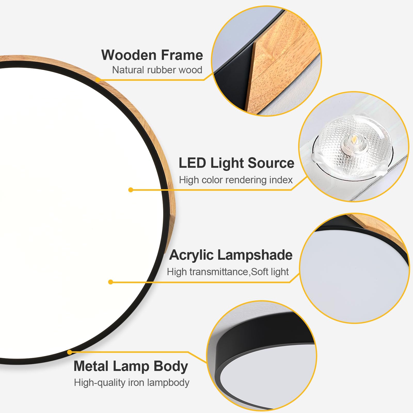 Qamra Lampara Techo, Madera Lampara Techo Negro, Moderno Plafón 40cm, iluminación 36W Redondo para Dormitorio, Sala de estar, Cocina, Comedor, Pasillo 4000K
