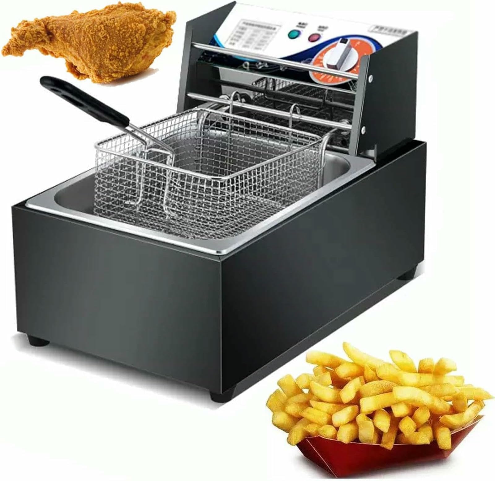 Freidora Industrial con Cesta, Control de Temperatura Ajustable de 50 a 200 °C, asa de Seguridad y sartén Antiadherente para Patatas Fritas.
