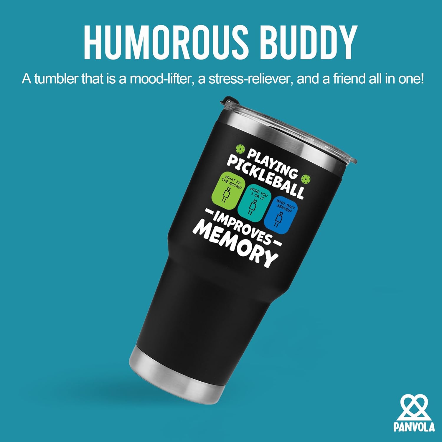 Panvola Playing Pickleball Improves Memory Tumbler Sports Player Gifts Vacuum Insulated Stainless Steel Tumbler With Removable Lid And Straw (Black, 30 oz) - Image 2