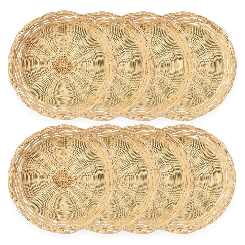 Lot de 8 assiettes en carton de bambou réutilisables de 25,4 cm en osier tissé à la main respectueux de l'environnement, parfaites pour les fêtes, les pique-niques et les événements en plein air