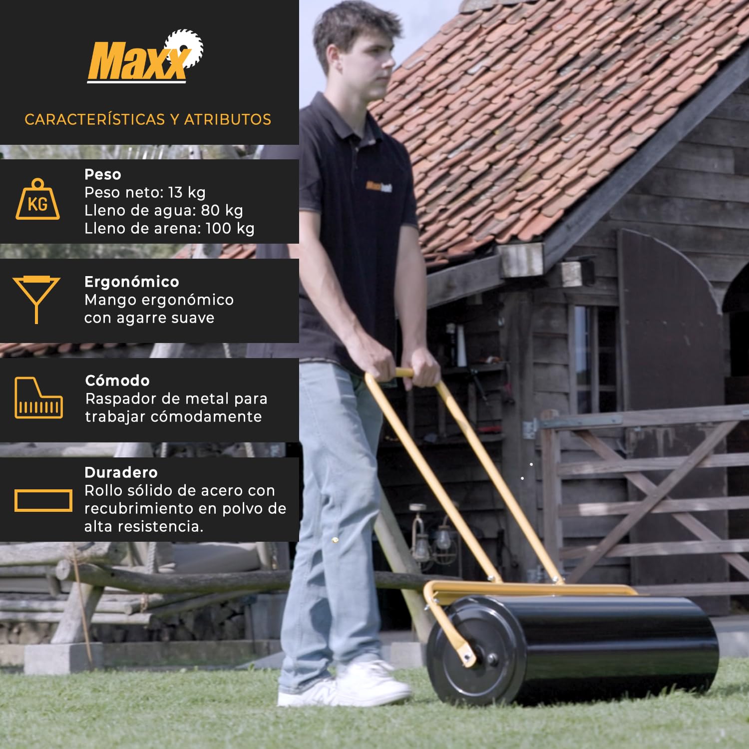MaxxGarden - Rodillo para césped (acero, 90 cm de ancho, 33 cm de diámetro)
