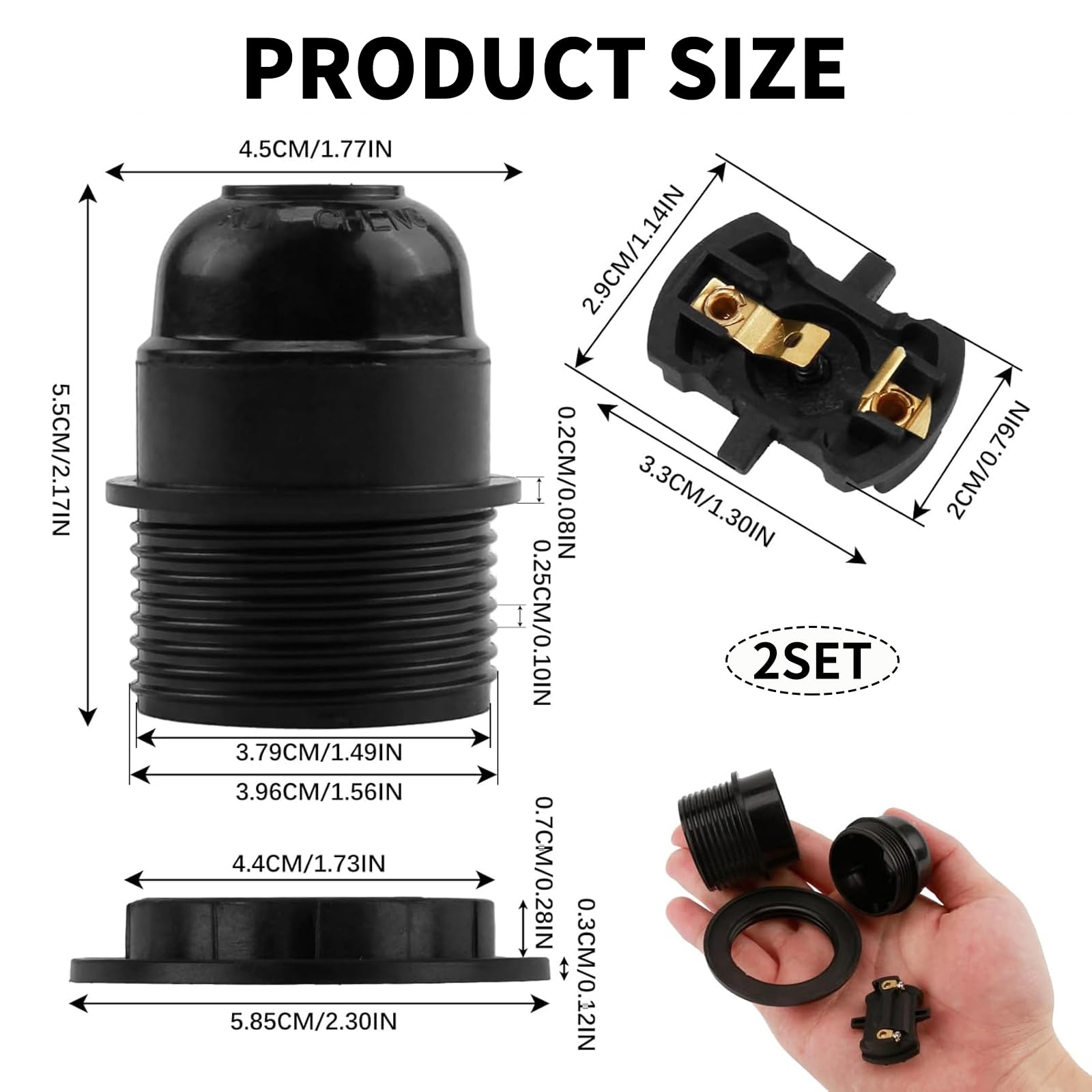 Wjelet 2Pcs Edison Screw E27 Lamp Holder,E27 Lampholder in Black Bakelite with Shade Ring and 10mm Threaded Entry for Table Light Fittings Black Ceiling Light Fitting or Pendant Light Fitting - Image 2