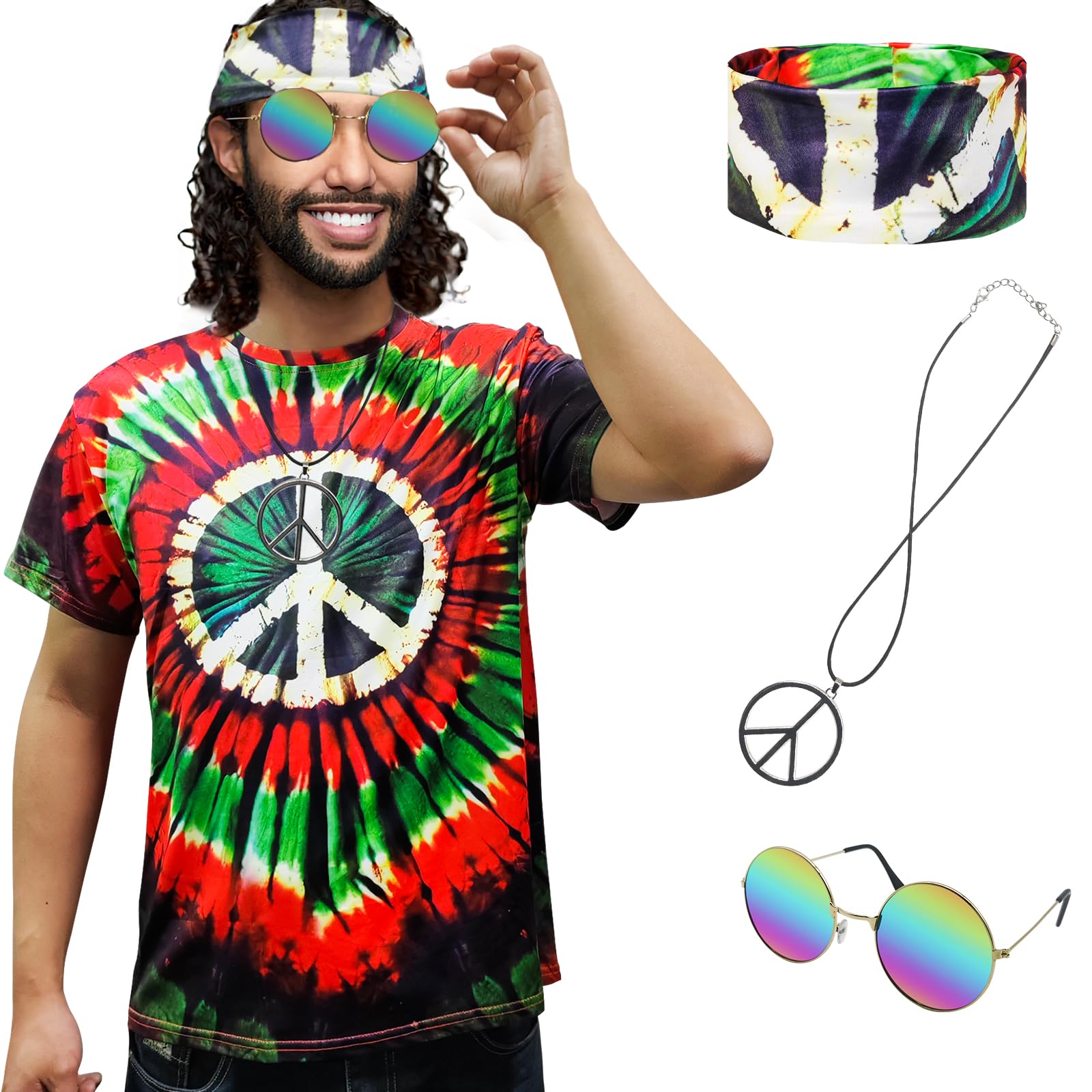 XonyiCos Hippie Costume for Men Women 60s and 70s colorful T-shirt sunglasses headband Peace necklace 4-piece theme party, Peace Red Black 4-piece Set, XXL