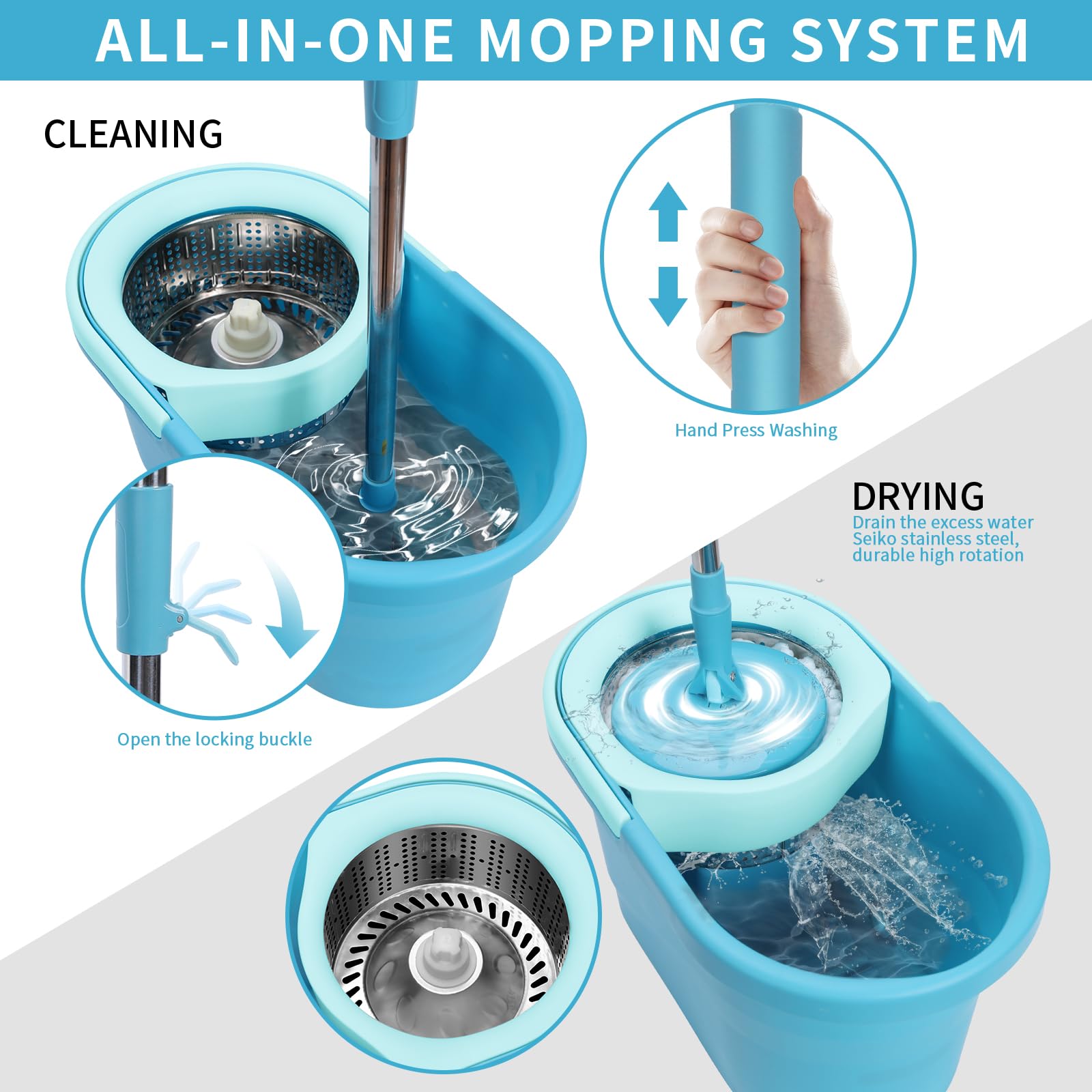 Seau Essoreur, Masthome Balai à Frange et Seau à Pédale, Seau Serpillere avec Tête de Mop Rotative à 360, Balai avec 5 Serpillères Réutilisables en Microfibre, pour Nettoyage Sols