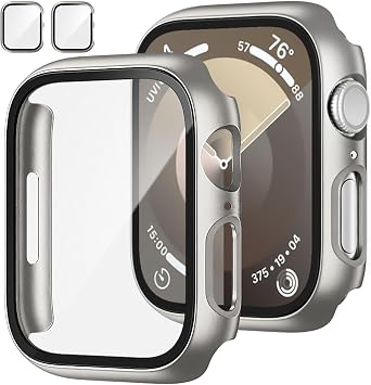 حقيبة JZK 2 Pack مع واقي شاشة زجاجي مقسى لسلسلة Apple Watch 6/5/4 / SE 44mm ، Slim Guard Bumper تغطية كاملة للكمبيوتر الصلب غطاء واقي HD غطاء فائق الرقة لـ iWatch 44mm ، التيتانيوم