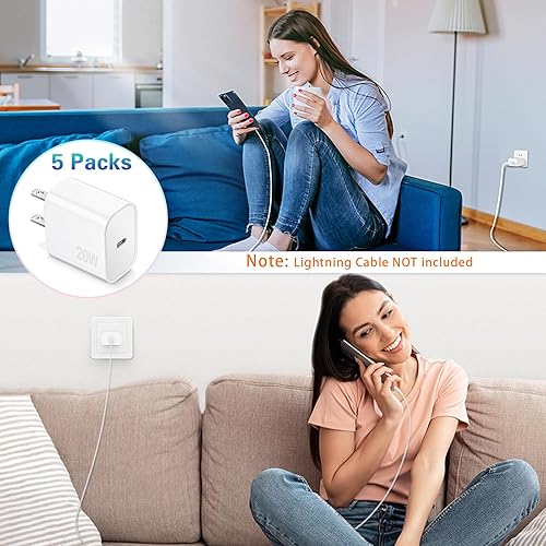 Miniatura 8 de Bloque de carga USB C, paquete de 5 bloques de carga tipo C, caja de carga rápida PD de 20 W, cubo de ladrillo compatible con iPhone 161514 Pro
