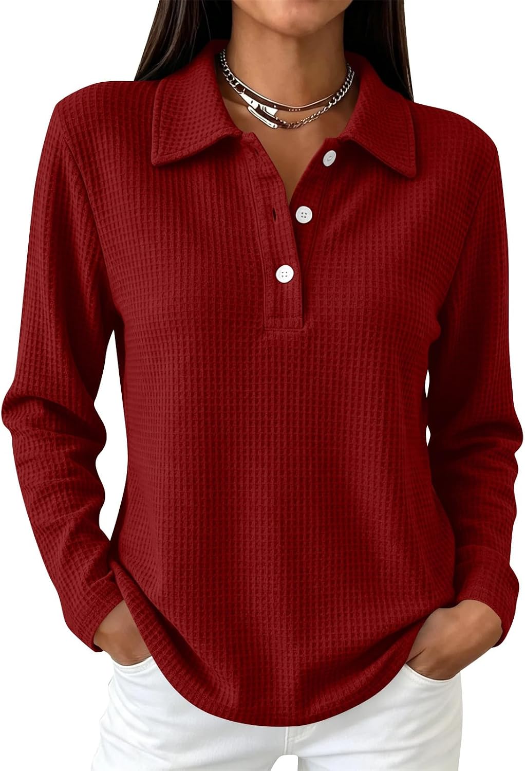 Shirts for Women Golf Polo Collar Trendy Waffle Top