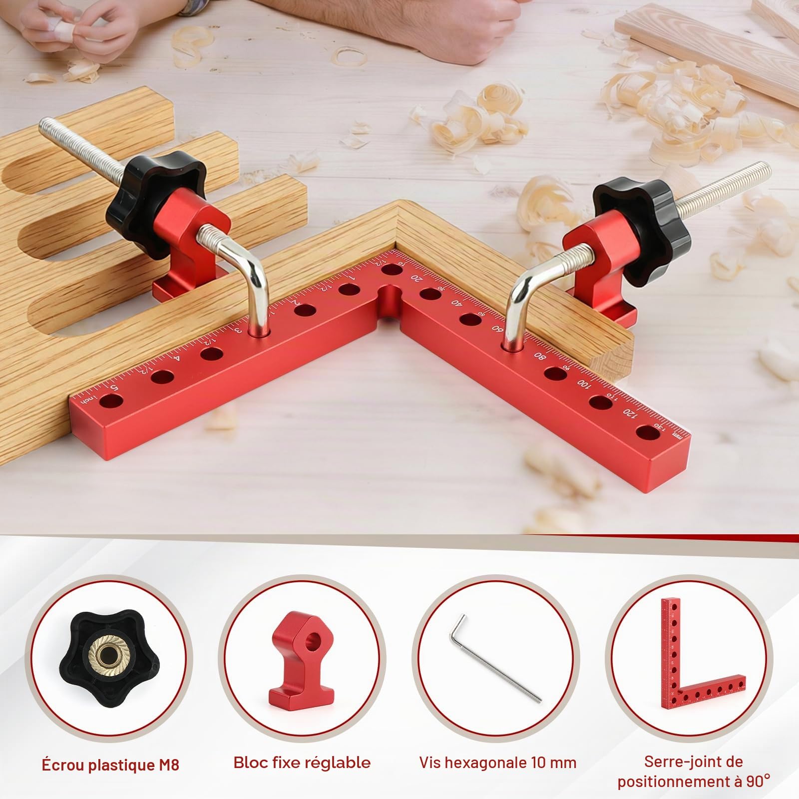 Pince à Angle Droit 90 Degrés, Serre Joint Angle Droit Aluminium 14 X 14 cm Equerre de Positionnemen Serre Cadre Fixation à Angle Outils de Travail du Bois (Rouge 4 Pack)