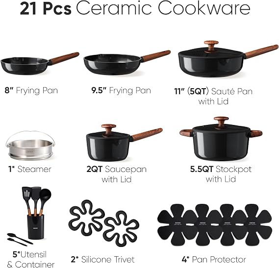 CAROTE 21pcs Ceramic Cookware Set, Pots and Pans Set