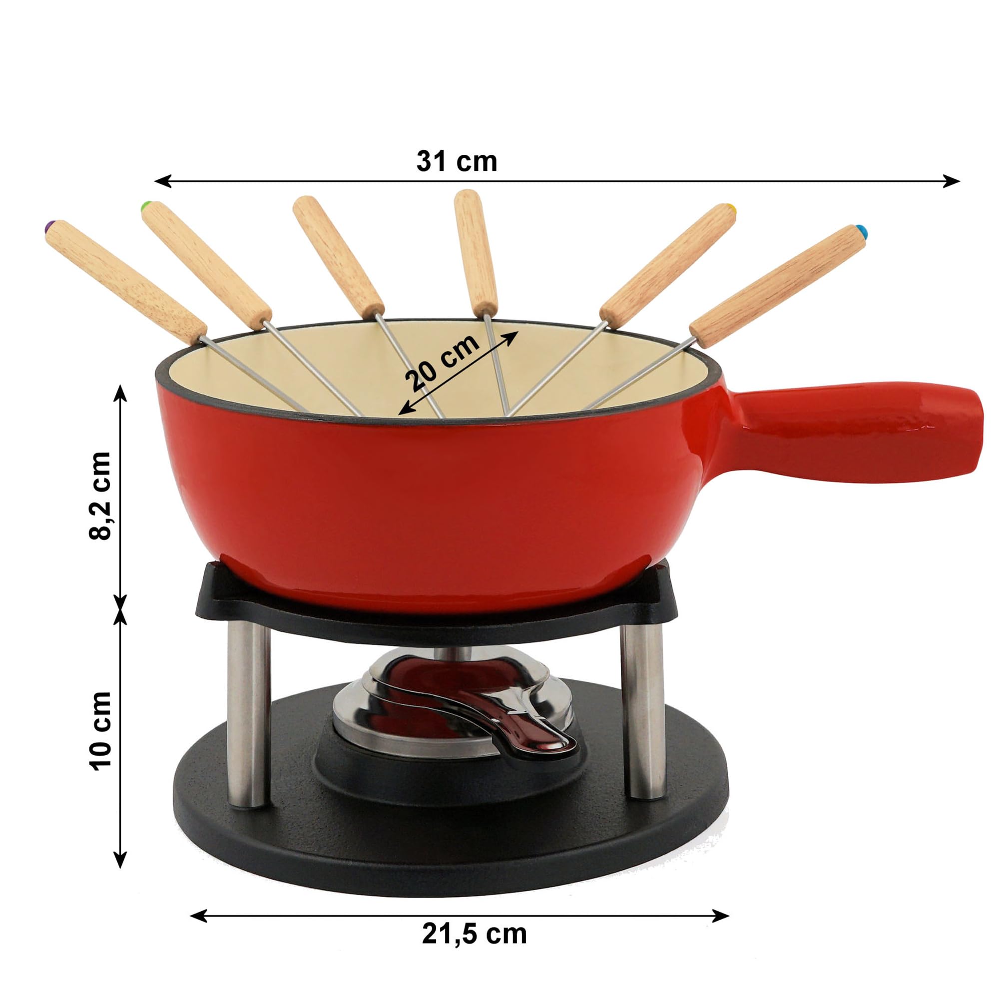 BBQ-TORO Set fonduta in ghisa per 6 Persone Set fonduta 9 Pezzi con bruciatore e forchette quantità di riempimento 2 Litri di Cioccolato al Formaggio induzione. (Rosso/Smaltato)
