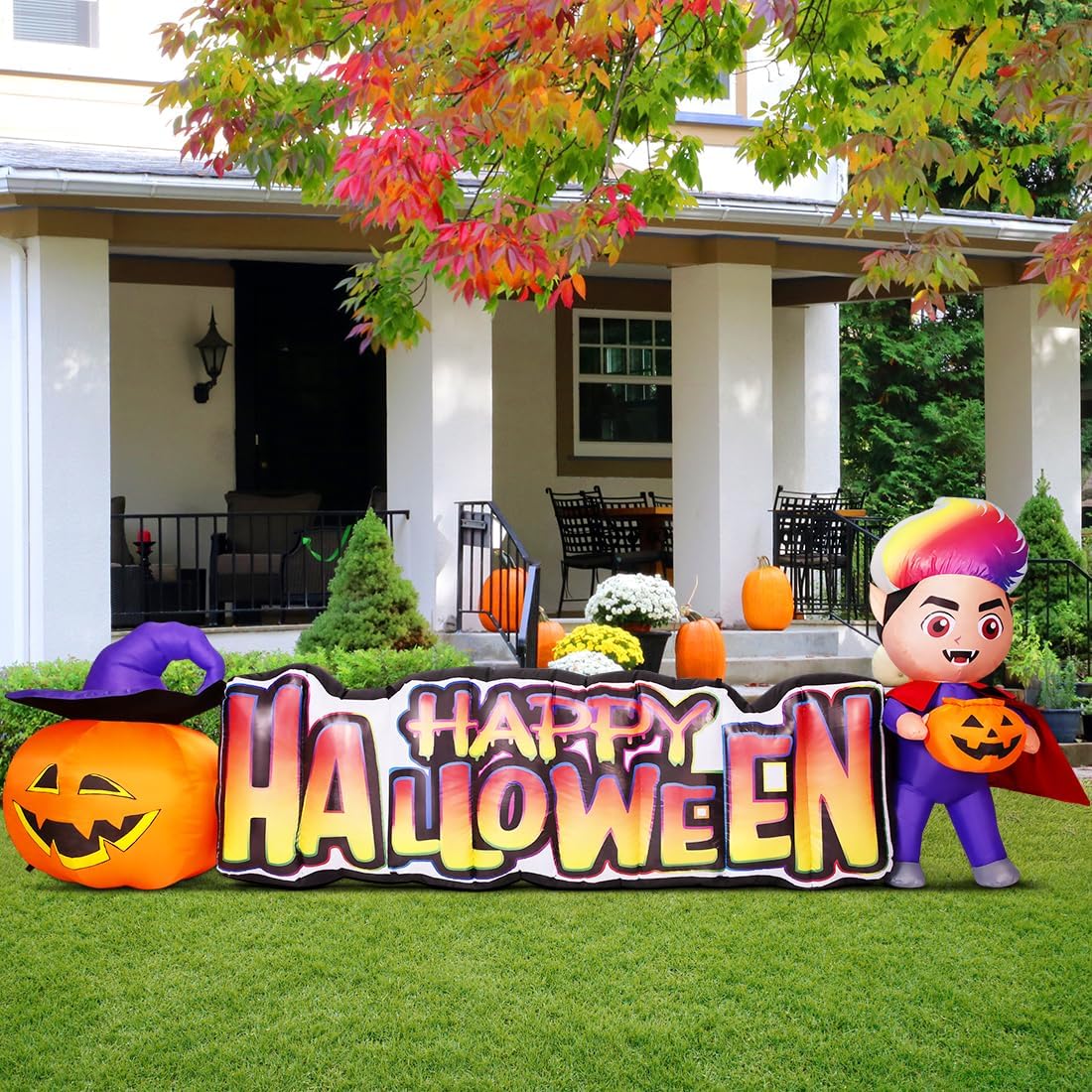 GOOSH 11.5 FT Happy Halloween Inflatables Outdoor Decorations Vampire with Pumpkin Blow Up Yard Decorations Long with LED Lights Holiday for Halloween Party Yard Garden Lawn