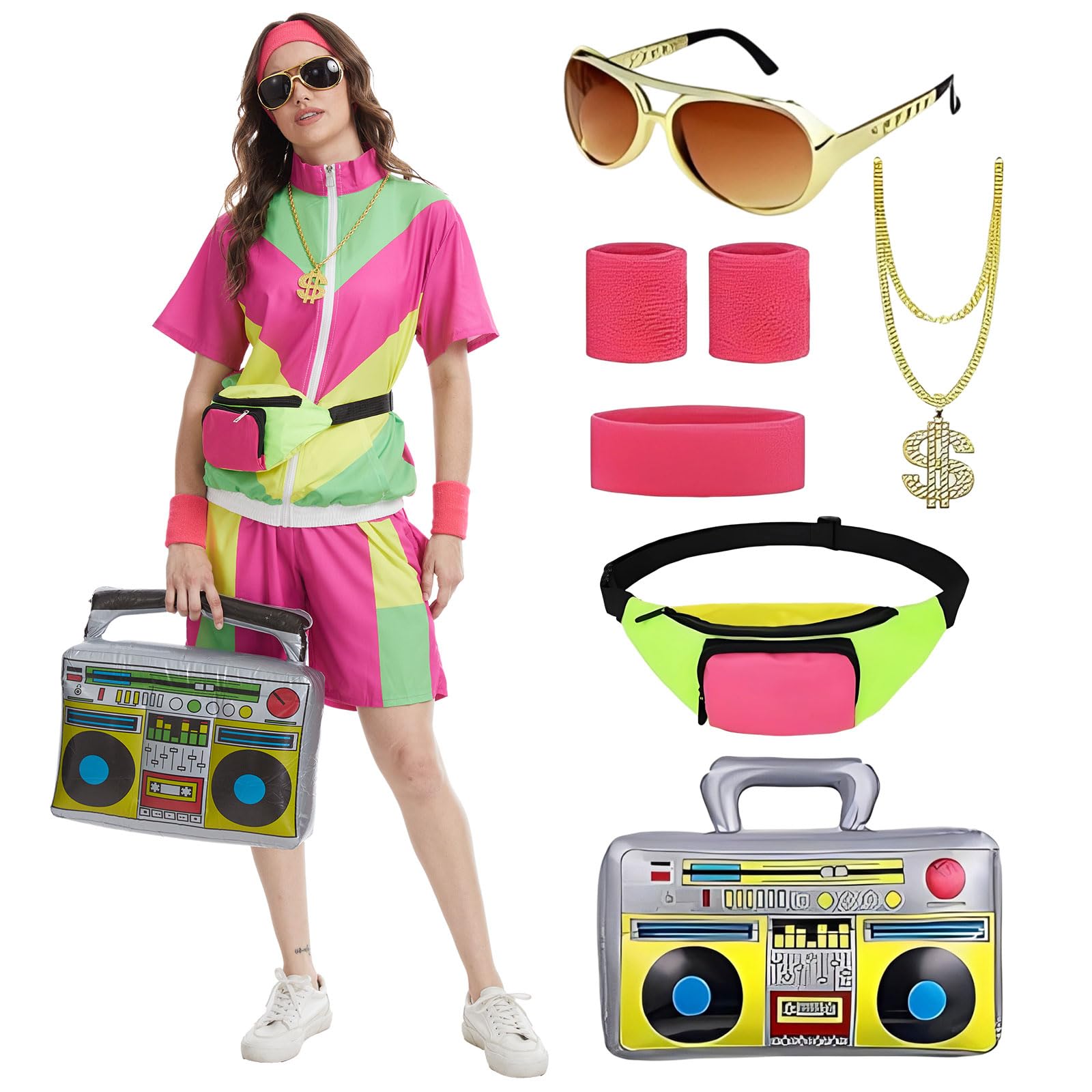 HZVRTN 80s themed party outfits, 90s Fashion Shell Suit Costume for hip-hop themed parties, Halloween, Music Festivals, Masquerade, Carnival (Rose Red, L)