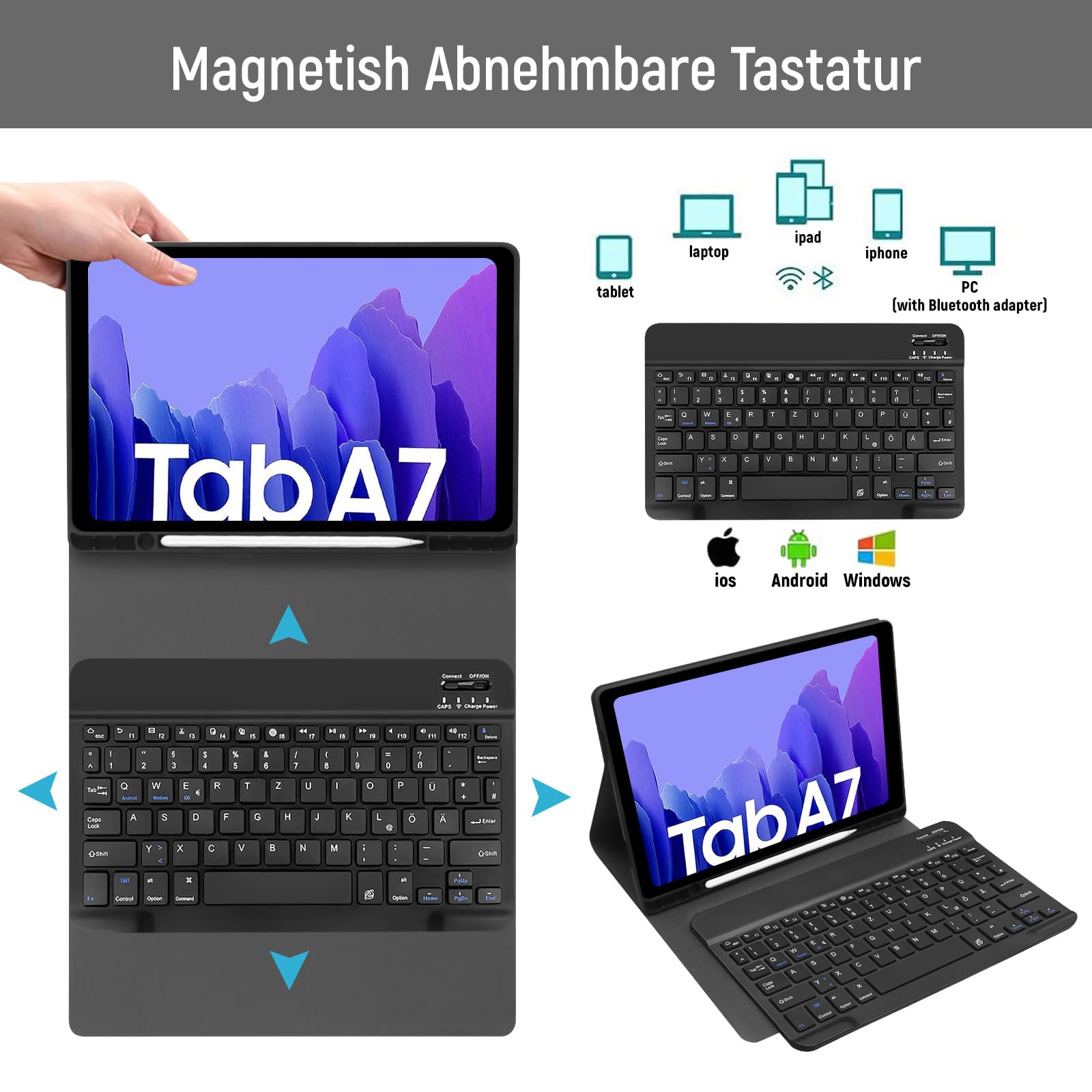 Lielax Custodia per tastiera per Samsung Galaxy Tab A7 10.4 pollici 2022/2020 (layout QWERTZ), tastiera tedesca magnetica rimovibile con supporto per penna (SM-T500/T505/T507), nero