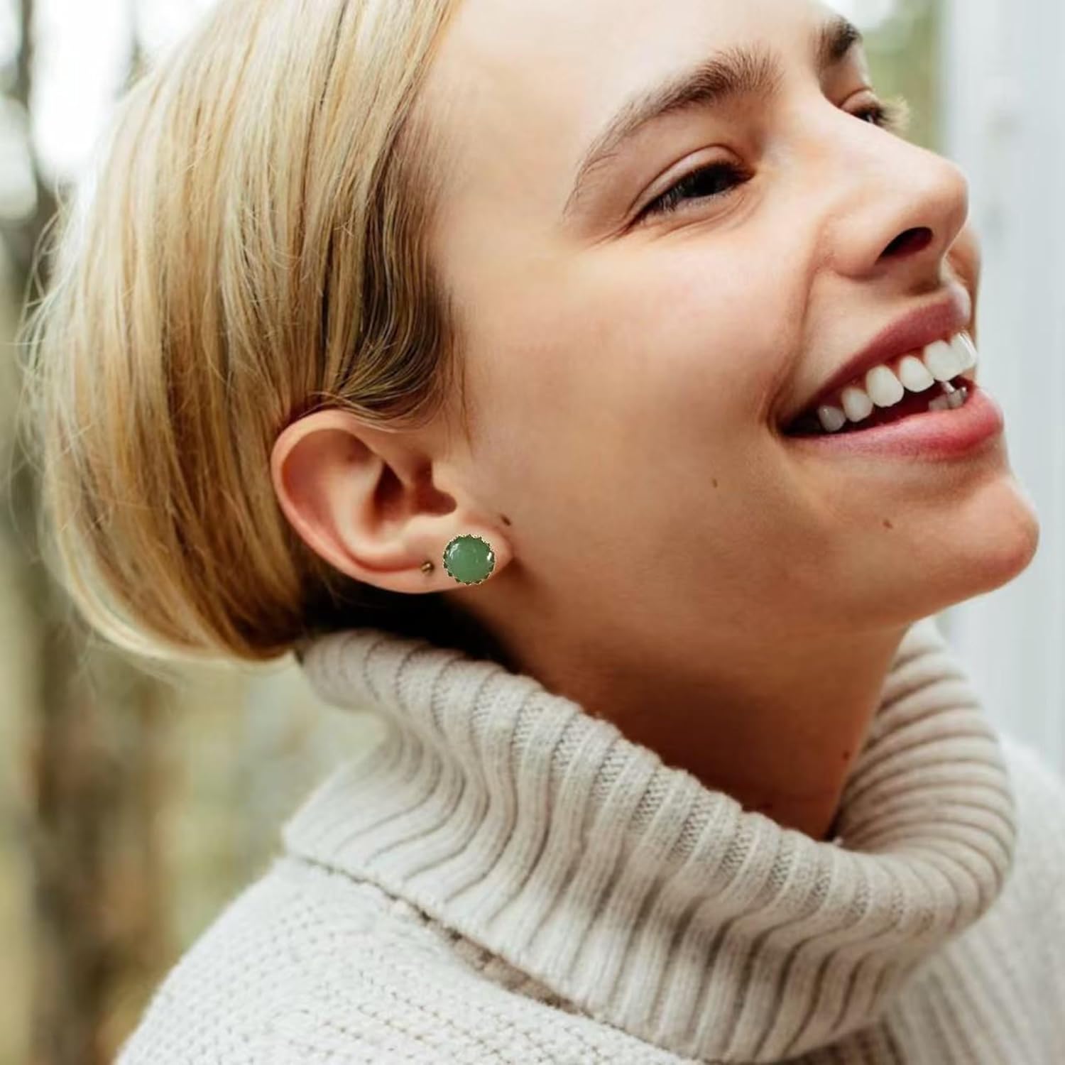Natural Jade Stud Earrings Crown Setting 12mm, Gold-Plated Stainless Steel Hypoallergenic, Genuine Round Green Gemstone, Jade Jewelry Gifts for Women Girls - Image 5