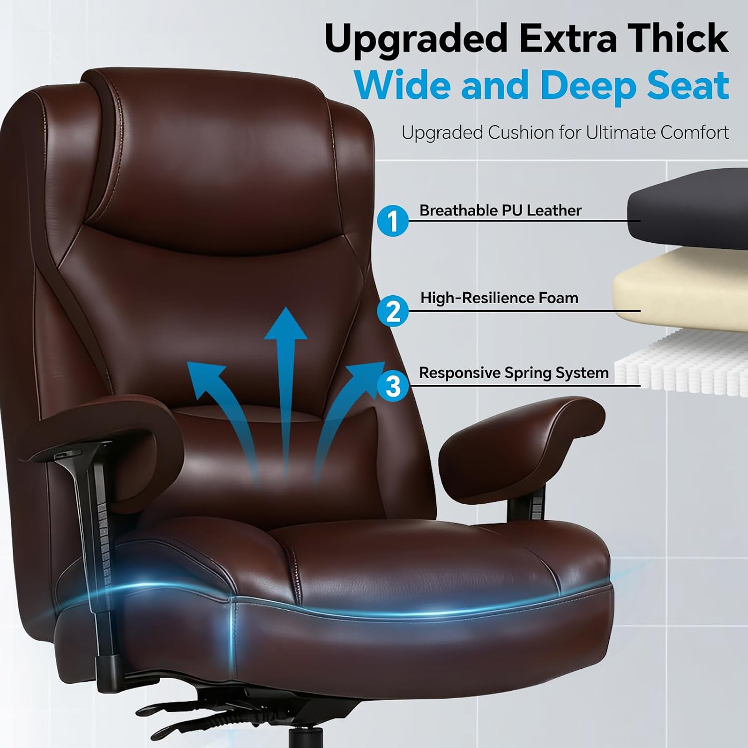 Big and Tall Office Desk Chair with 5-Position Armrests, 650 LBS Heavy Duty Executive Office Chair Comfy, Extra Wide Seat, High Back Computer Chair with Lumbar Support, Reclining Tilt Lock (Brown) thumbnail