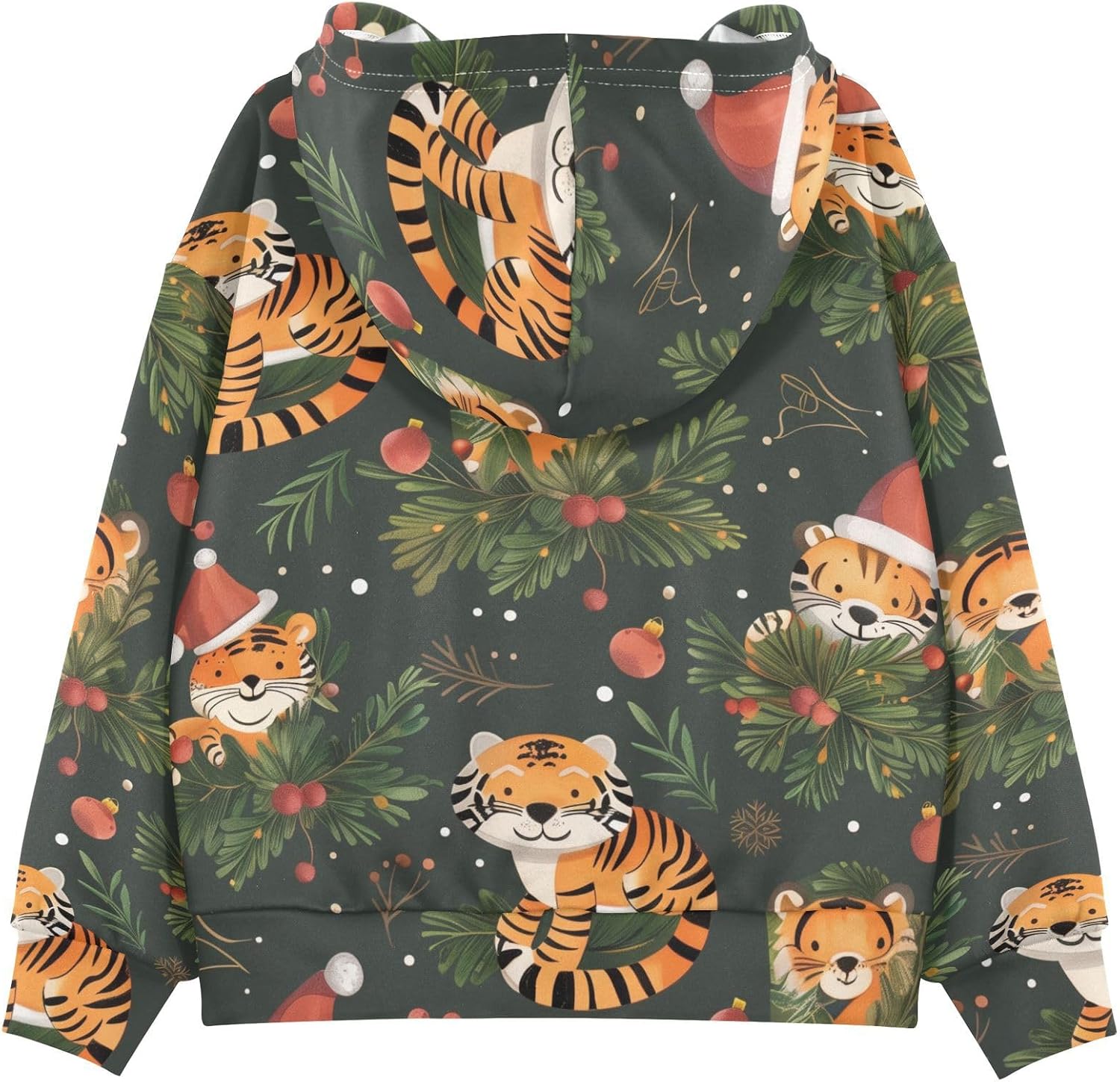 ZZXXB Xmas Tiger Pine Branch Kids Sweatshirts Boys Girls Hooded Kangaroo Pocket Pullover Tops XS-XXL
