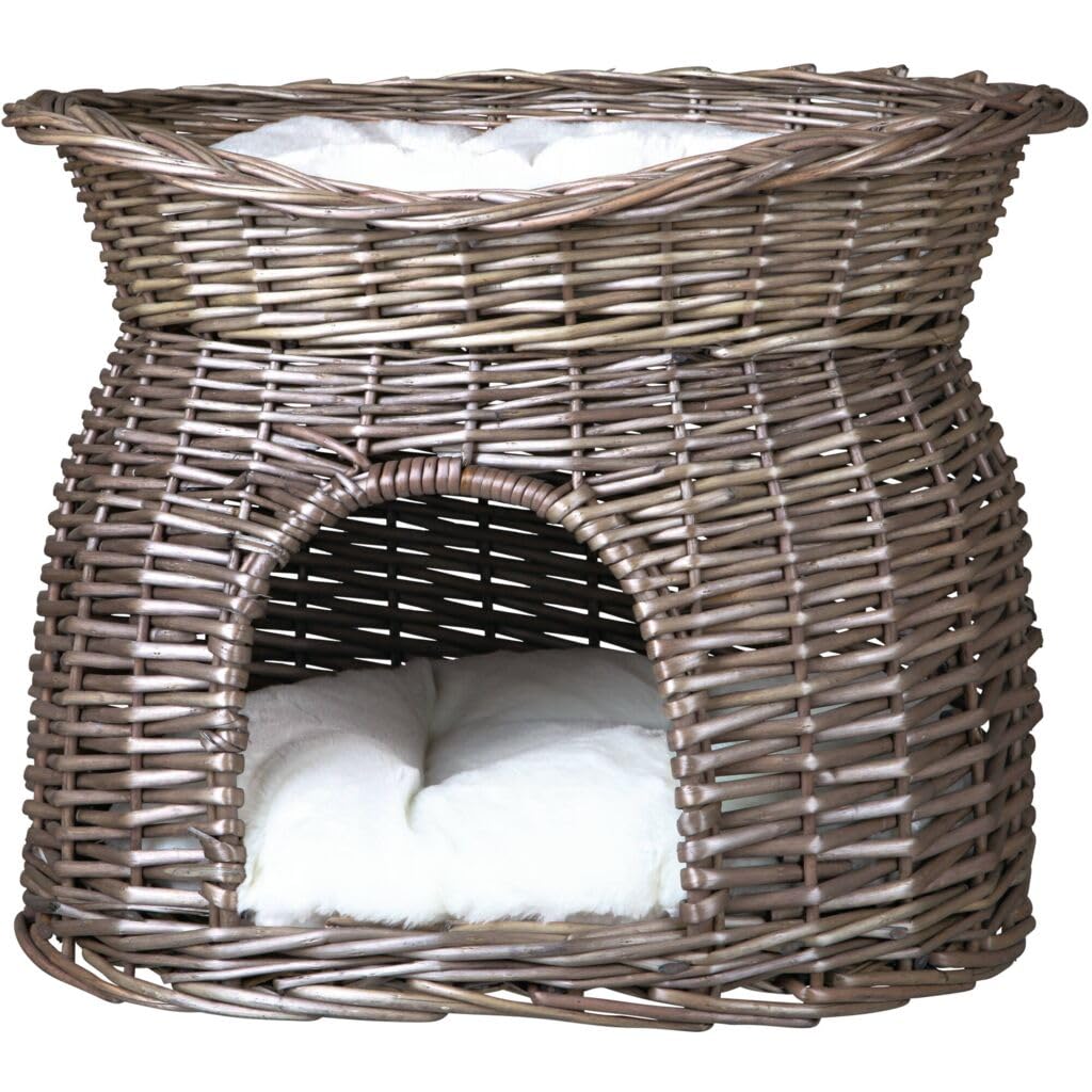 Trixie Cueva Mimbre, Cama Arriba, 2 Cojines, 54 × 43 × 37 cm, Gris, Gato