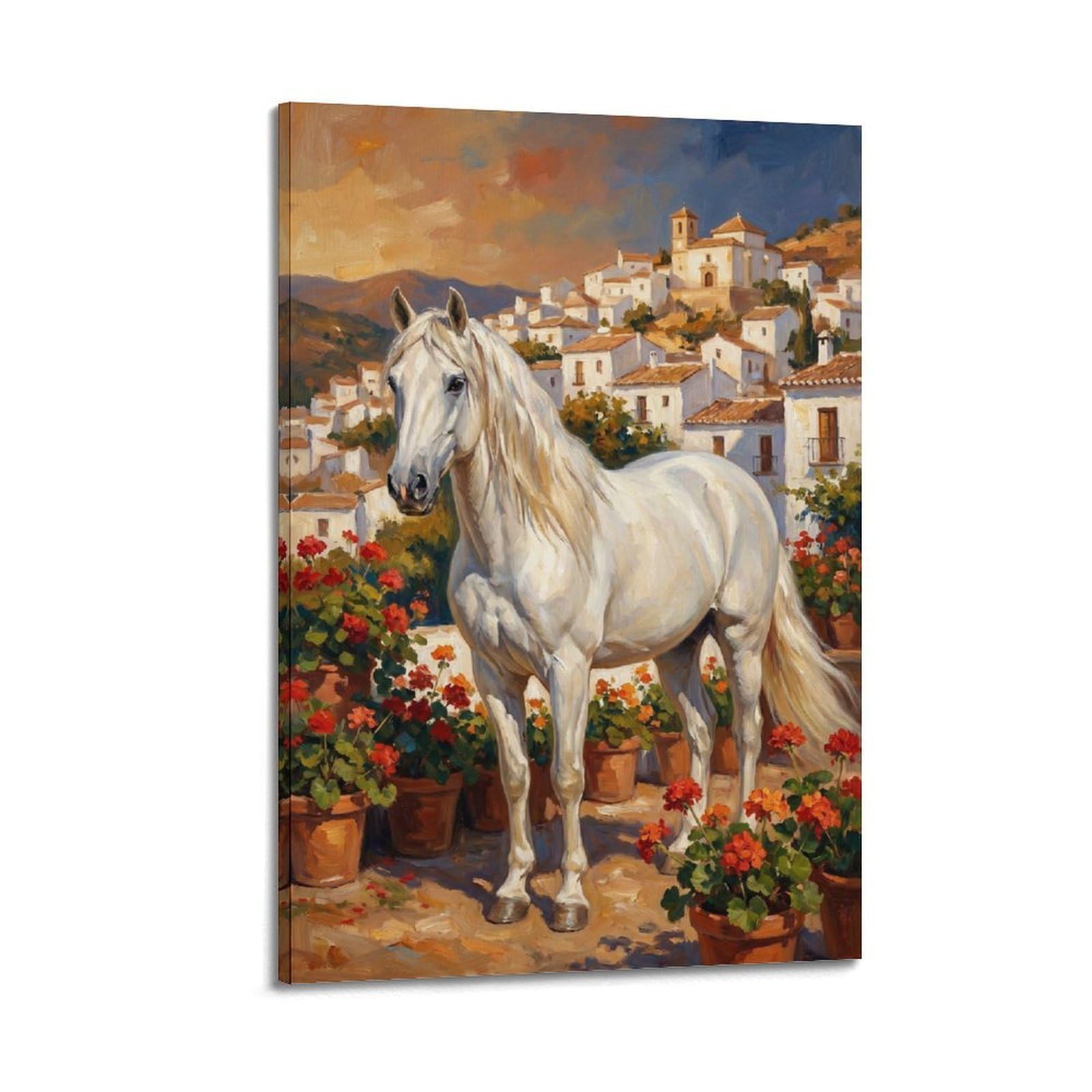 XKUGA Andalusian White Horse Travel Poster Coastal Beach Heritage Modern Decorative Canvas Prints - Ideal Wall Art for Family, Man Cave, Game Room, Boys & Girls Bedroom 20x30inch(50x75cm)