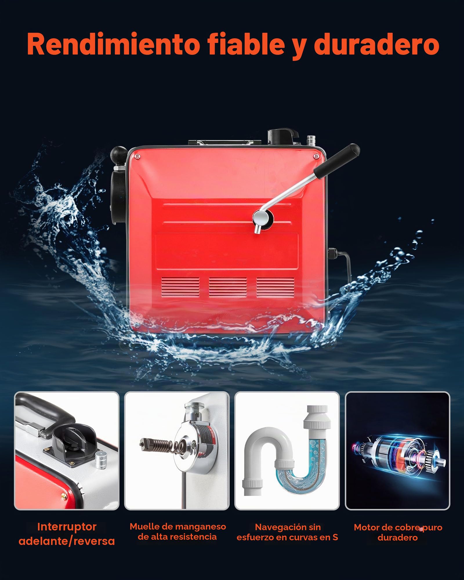 VEVOR Desatascador de Tuberías Eléctrico 850 W 1400 RPM con Cable de Resorte de 14,5 m x 16 mm, 14 m x 22 mm, 5 m x 9,5 mm, 0,4 m x 12 mm y 11 Cabezales de Limpieza, Apto para Tuberías de 50 a 220 mm